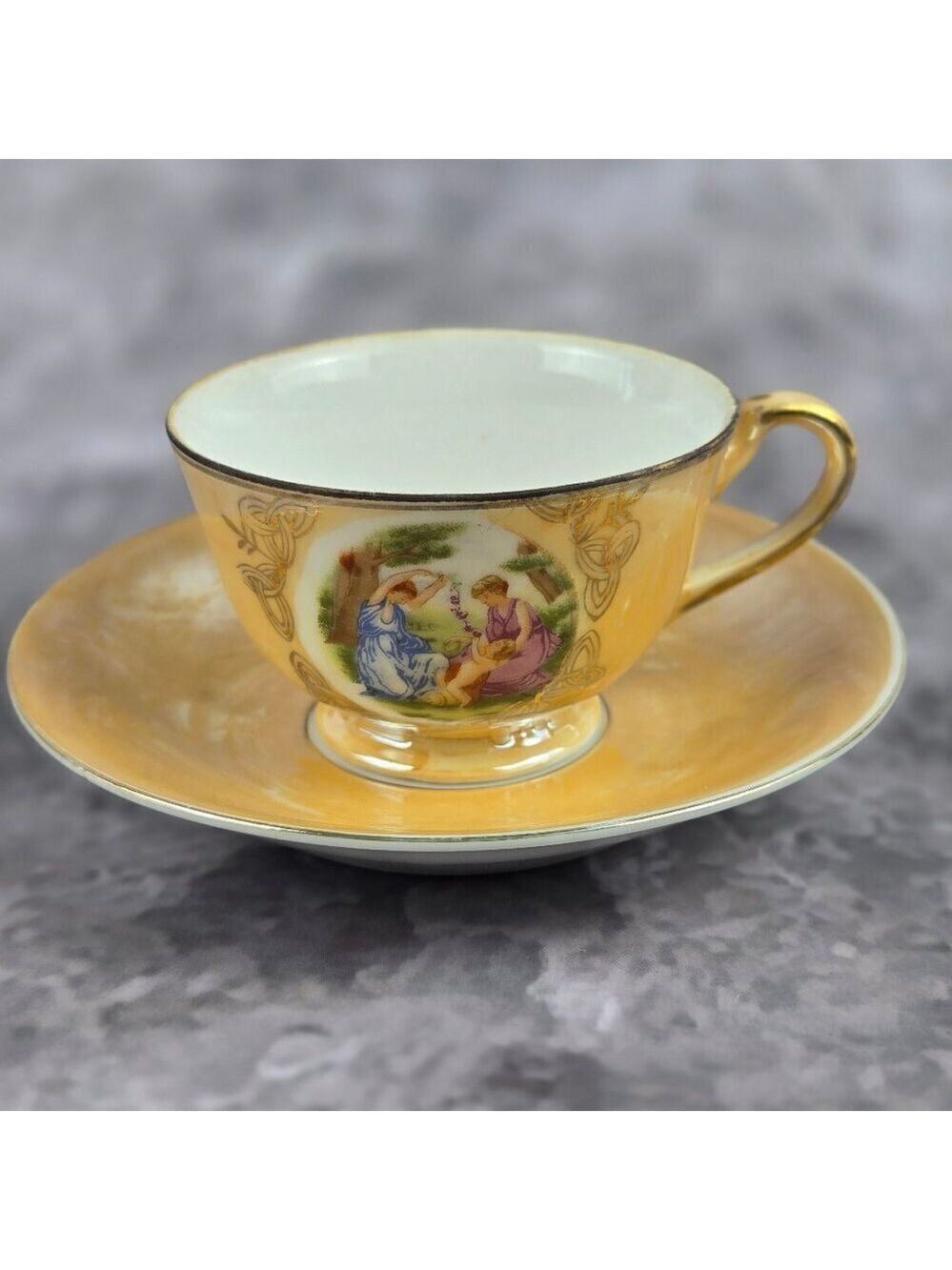Vintage Peach Lusterware Demitasse Cup Saucer Two Ladies Child Made in Japan